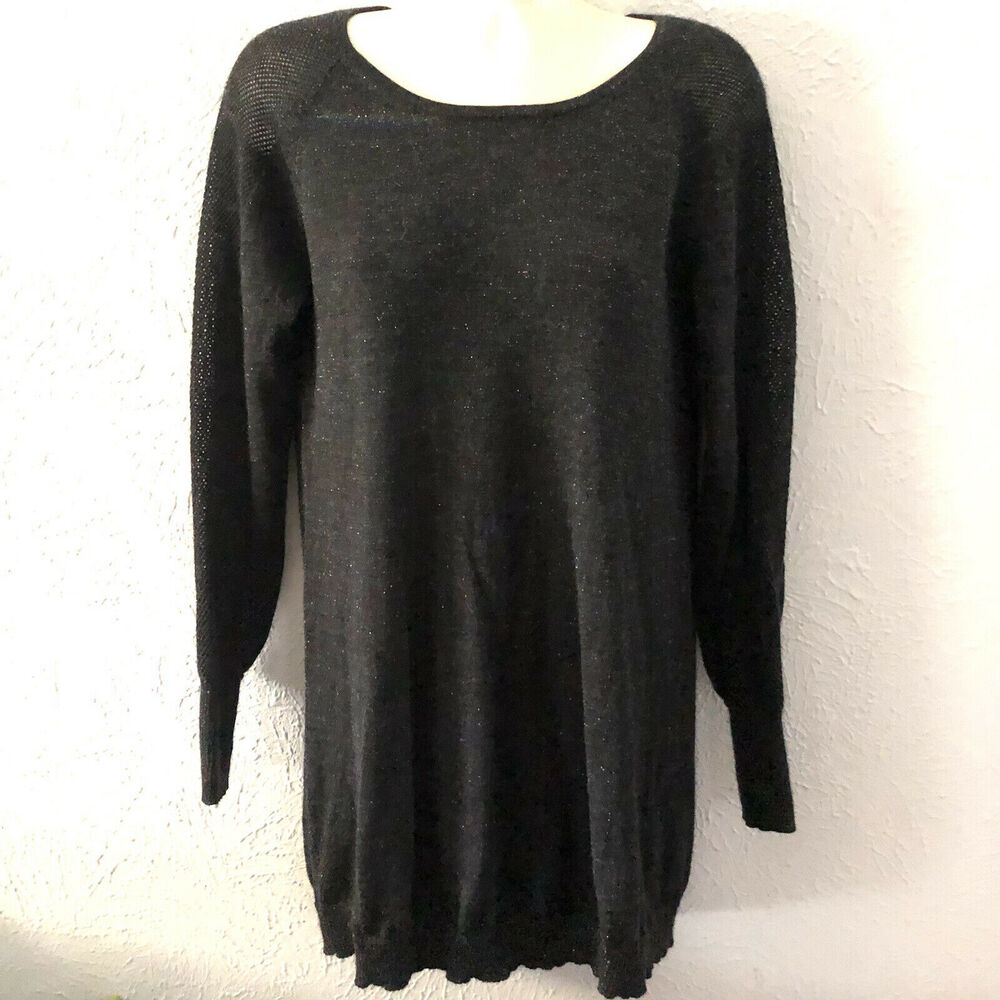 Eileen Fisher Women Black Silver Metallic Merino Wool Pullover Sweater Tunic XS